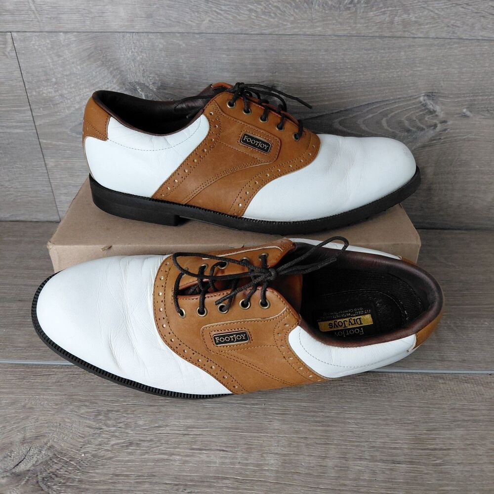 Footjoy Dryjoy Golf Shoes Men 9 White Brown Leather Saddle Waterproof Soft Spike